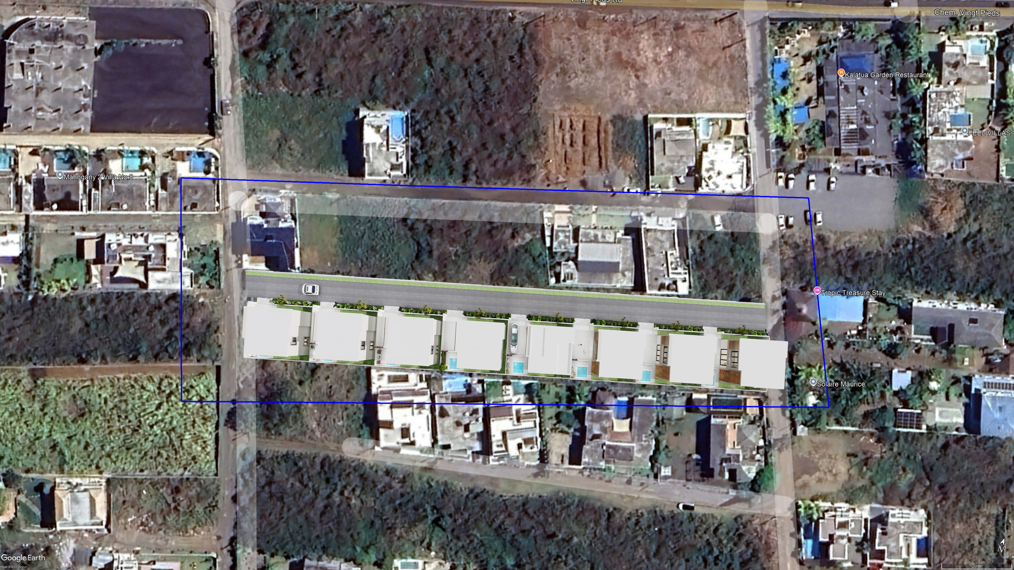 Zoomed satellite overlay showing villa layout